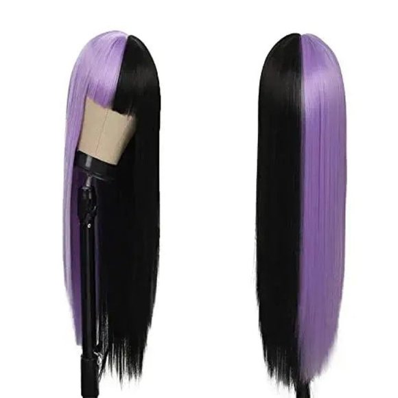 Split Dye Half Purple Half Black Hair Wig With Bangs - Picture 1 of 3